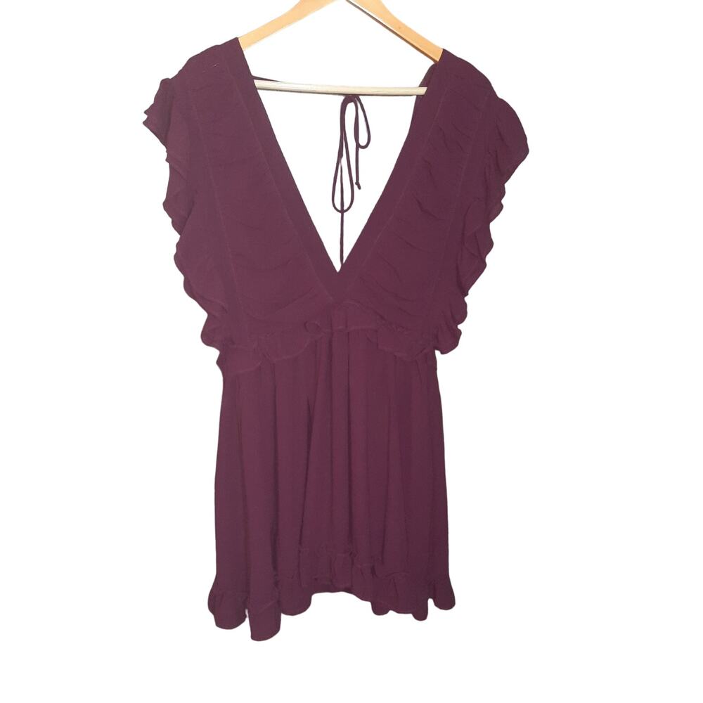 Stories Womens Dark Purple Ruffle Deep V-Neck and Back Lined Mini Dress Size M